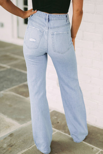 Light Distressed High Waist Flared Jeans