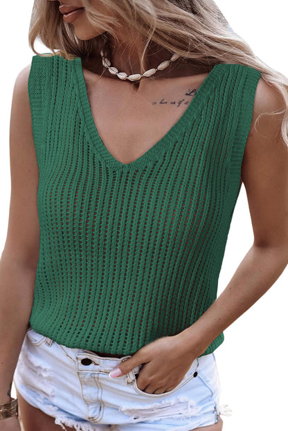 Khaki Hollowed Knit V Neck Tank Top