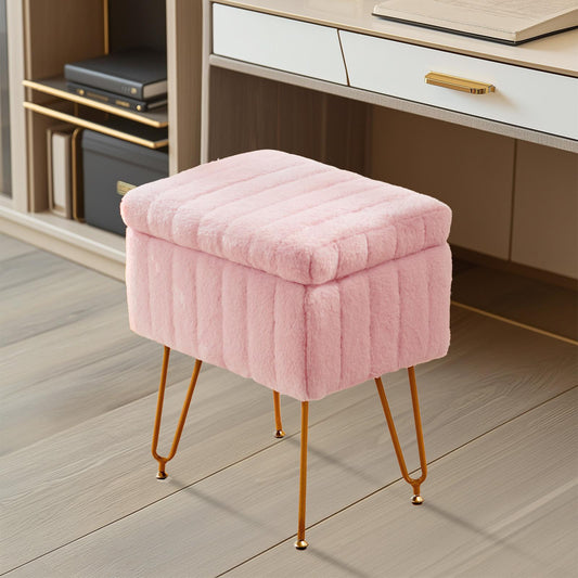 Pink Faux Fur Vanity Stool Chair w/ Storage