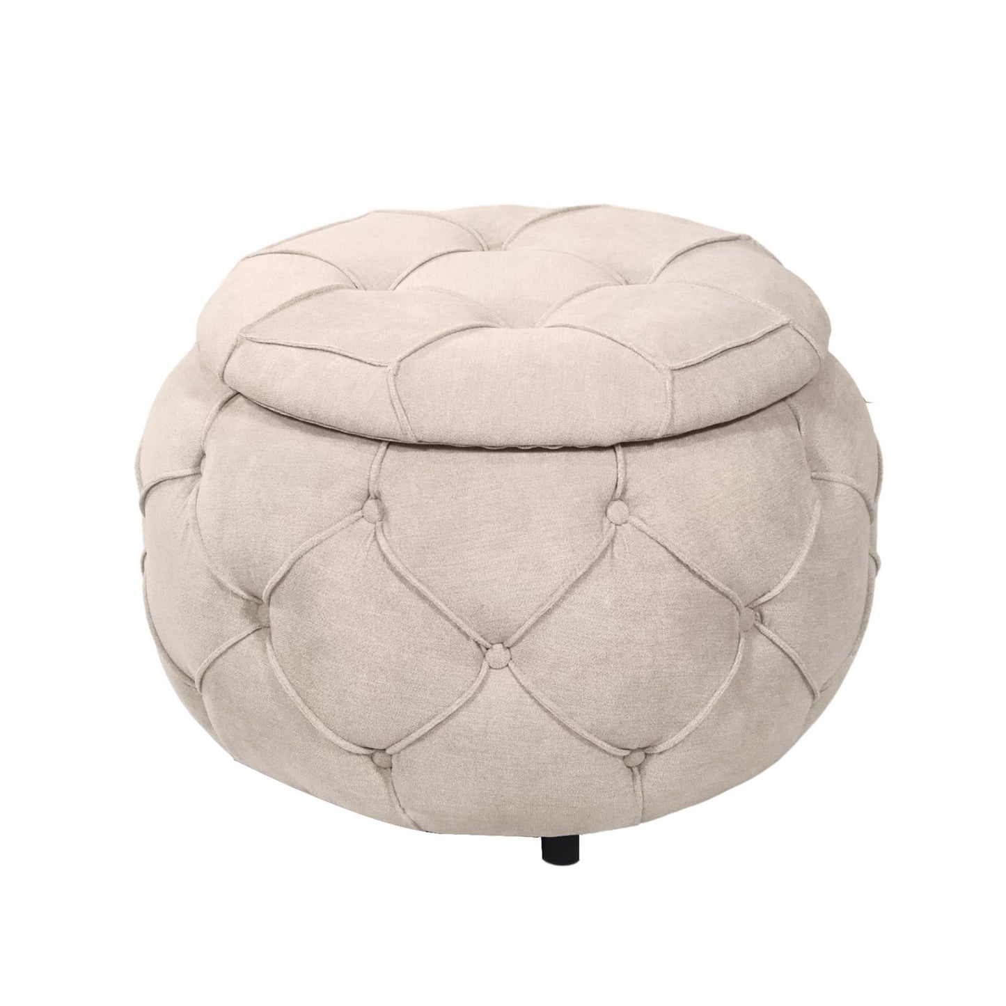 Beige Large Button Tufted Woven Round Storage Footstool