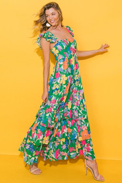 Green Boho Floral Print Ruffle Sleeveless Tiered Maxi Dress