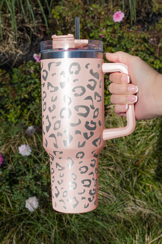 Taza de vaso con aislamiento doble, acero inoxidable, manchado de leopardo, rosa 304, con asa