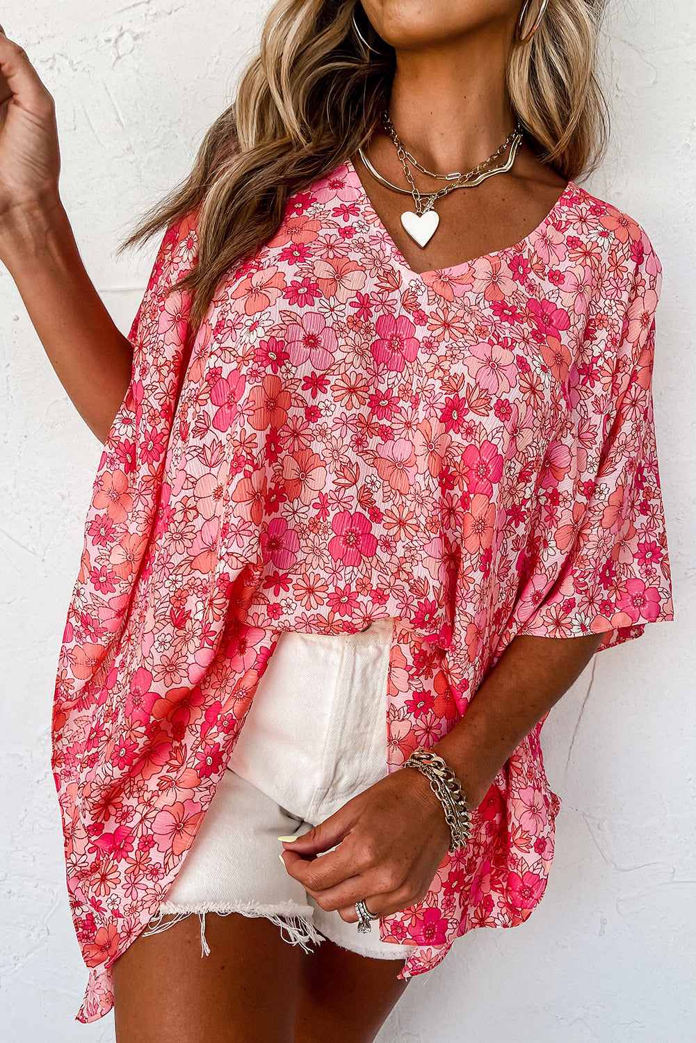 Blusa extragrande con cuello en V y estampado floral bohemio rosa