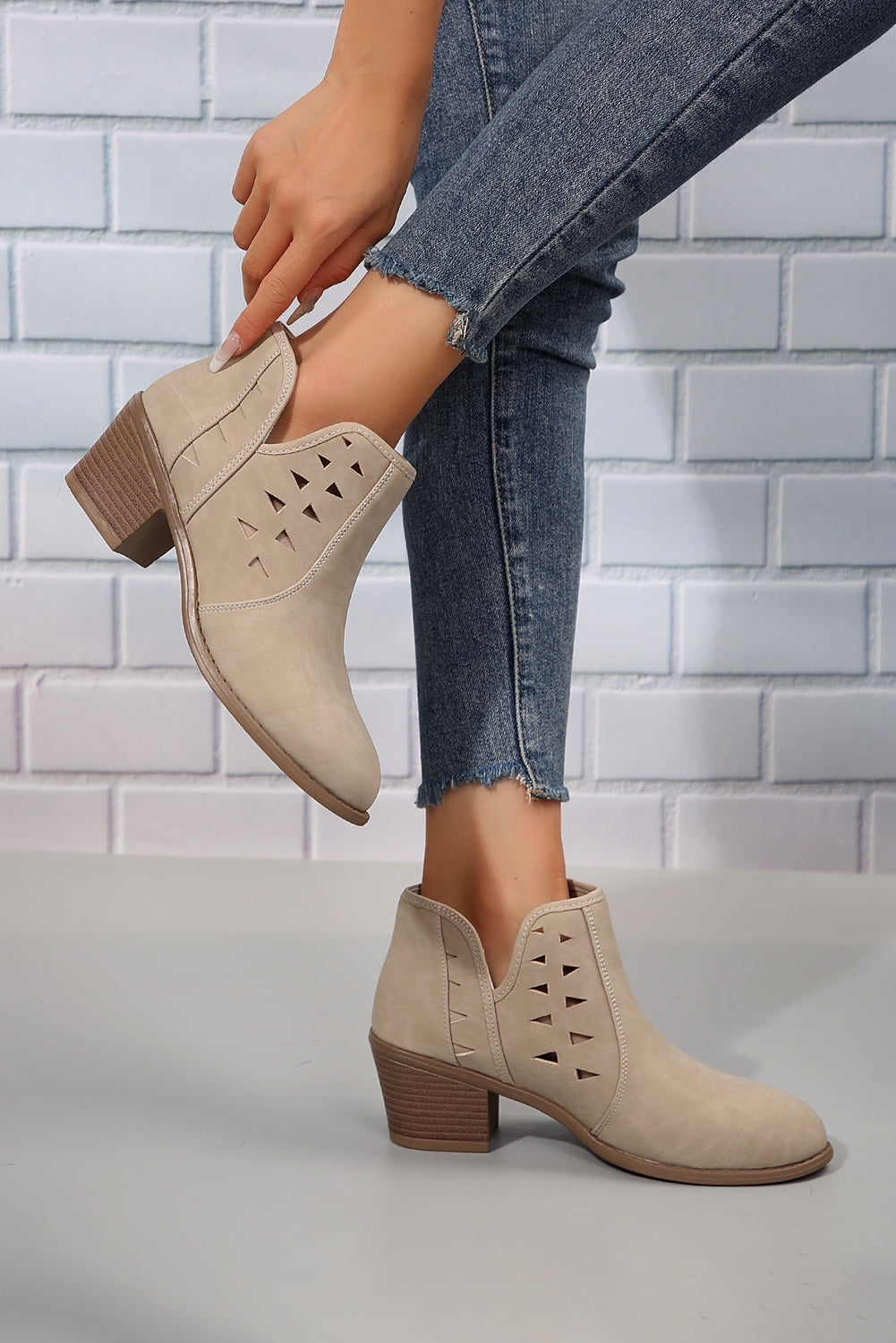 Cut Out Suede Pointed Toe Heeled Ankle Boots