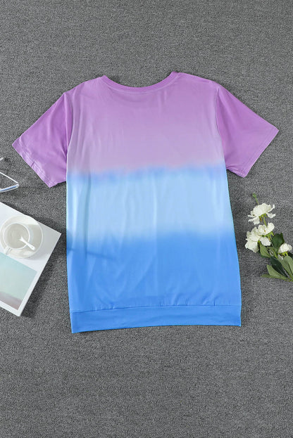 Camiseta informal de talla grande con bloques de color teñido anudado y cuello redondo morado