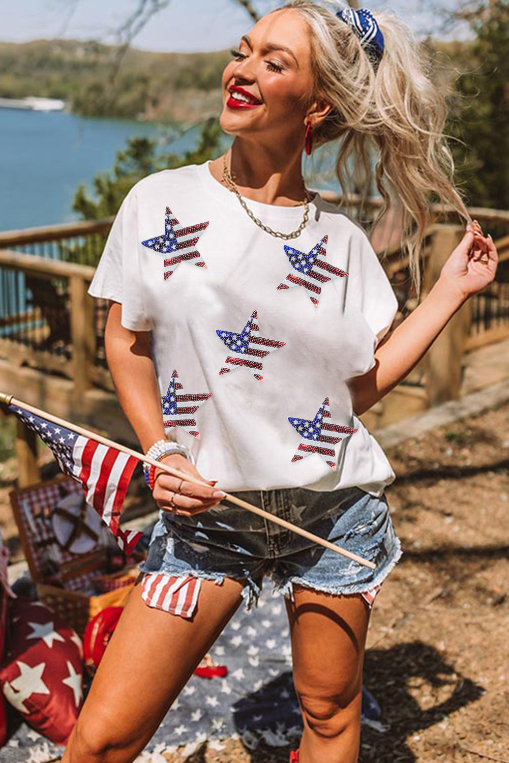 White Sequin American Flag Star Graphic T Shirt