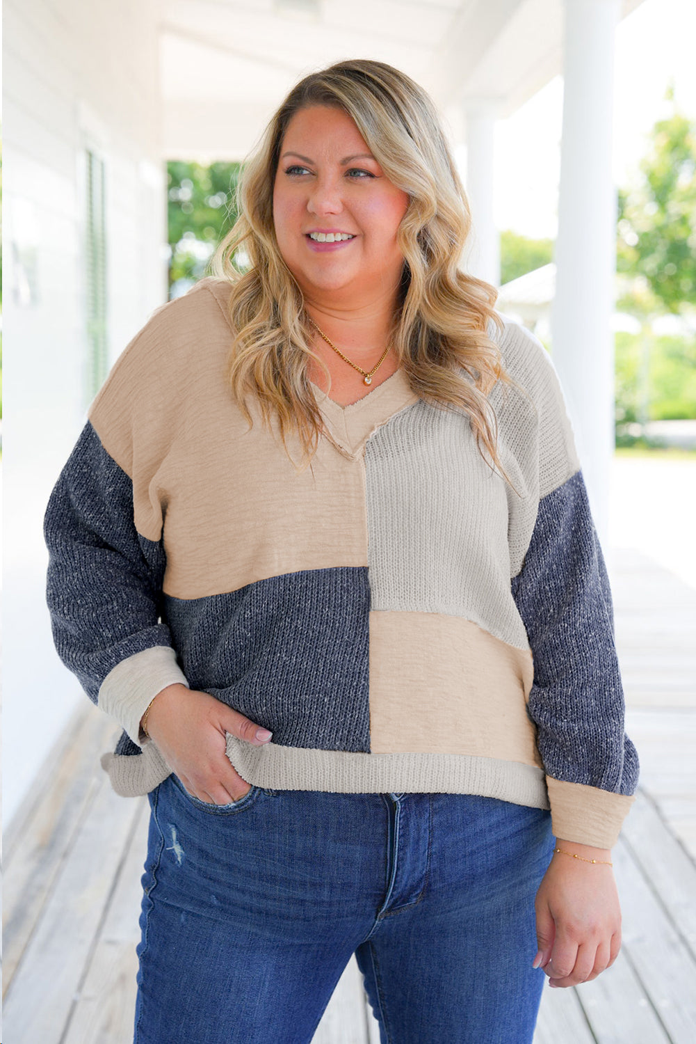 Ashleigh Blue Colorblock Patchwork Plus Size Top