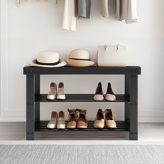 Black 3-Tier Bamboo Shoe Rack Bench