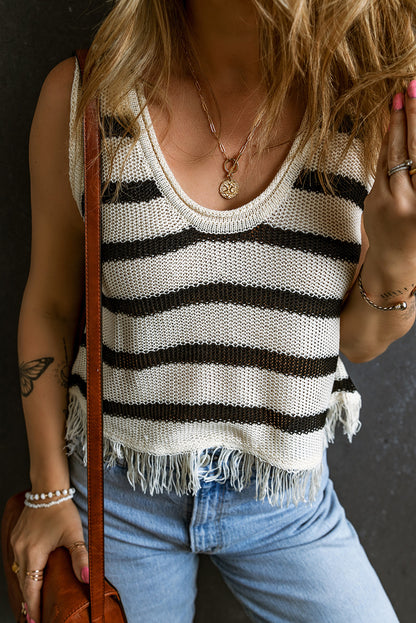 Beige Striped U Neck Fringe Hem Knit Tank Top