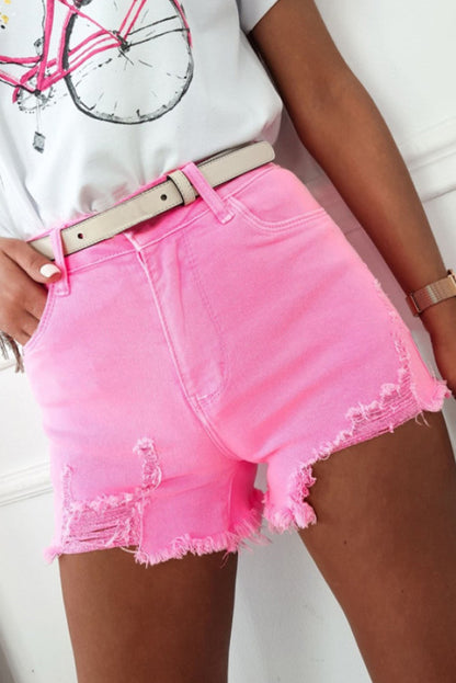 Black Solid Color Distressed Denim Shorts