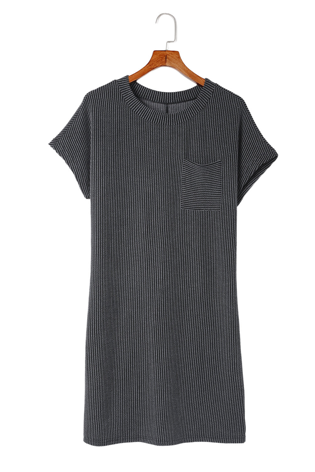 Vestido estilo camiseta informal con bolsillo en el pecho y manga corta acanalada gris