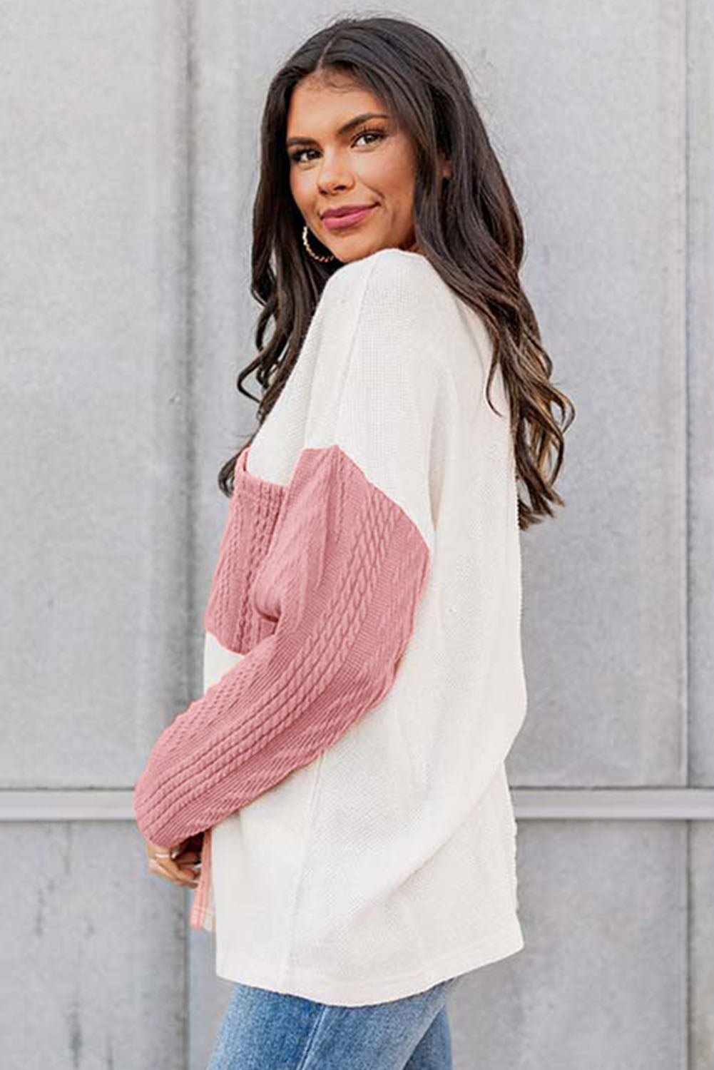 Long Sleeve Colorblock Chest Pocket Textured Knit Top