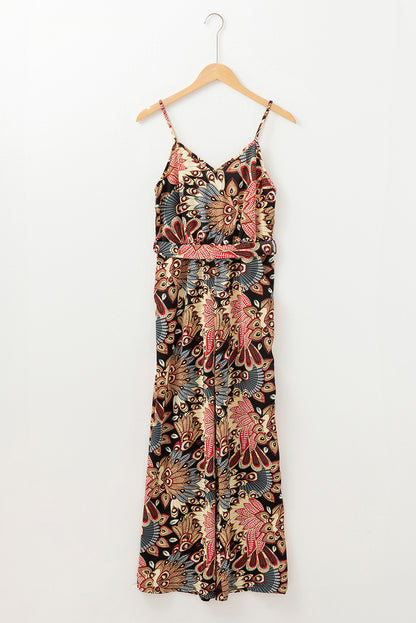 Black Floral Print Belted Sleeveless Wide Leg Jumpsuit