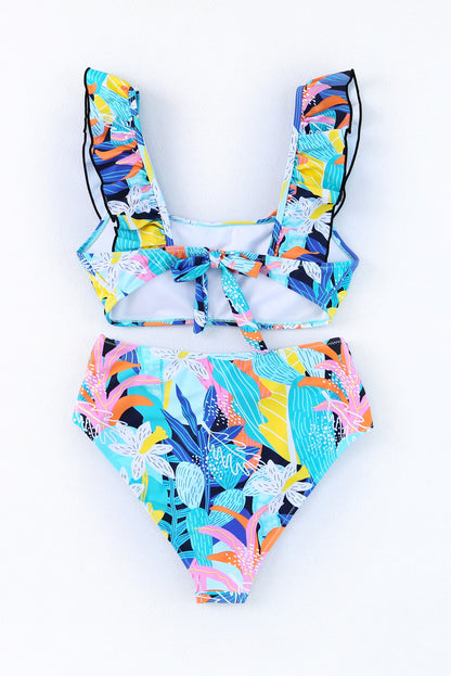 Green Tropical Print Ruffled Square Neck Tie High Waist Swimsuit