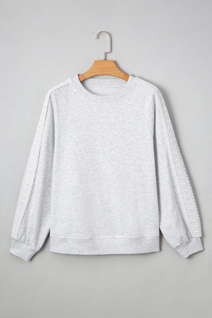 Light Grey Lace Patchwork Raglan Sleeve Crew Neck Sweatshirt