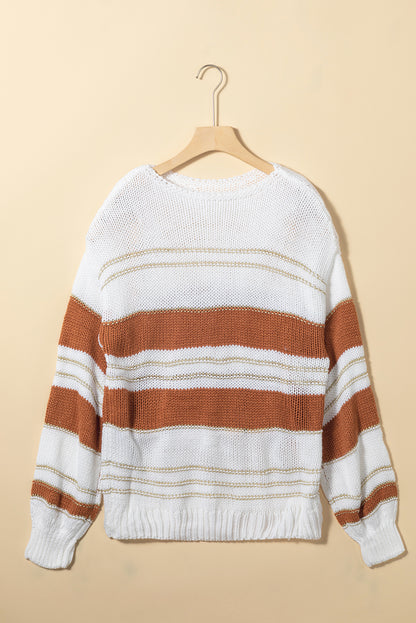 Casual Stripe Knit Puff Sleeve Sweater