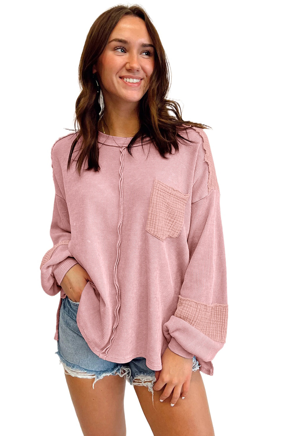 Crinkle Patchwork Long Sleeve Top