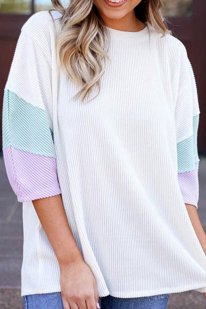 White Pit-striped Colorblock Drop Sleeve Top