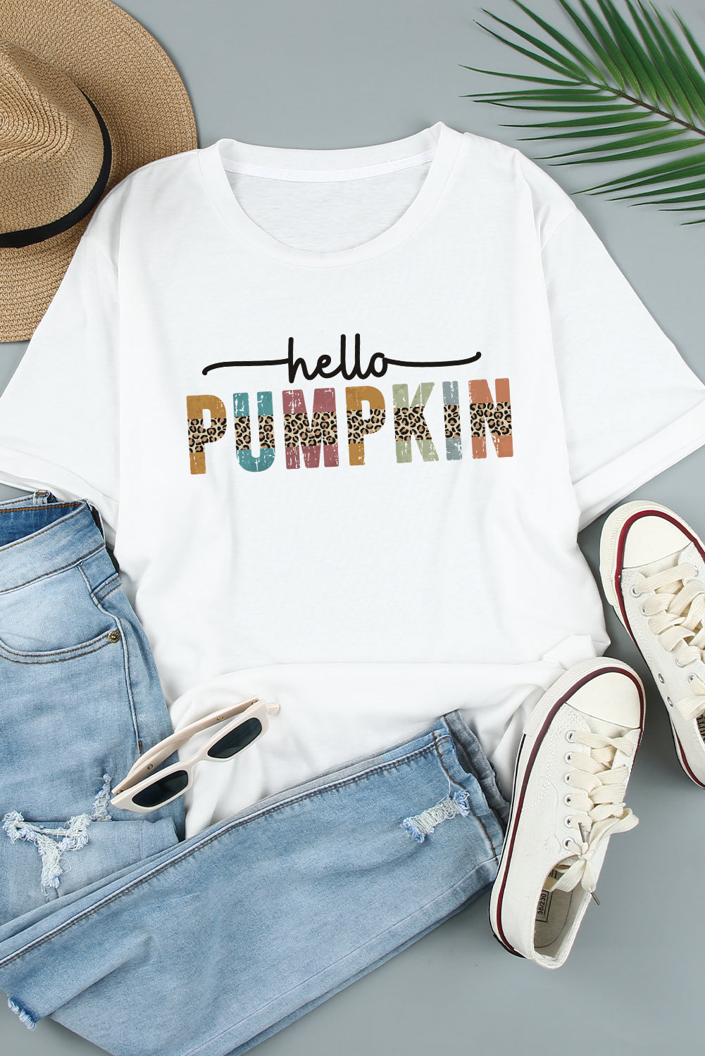 White Hello Pumpkin Halloween Crewneck Graphic T Shirt