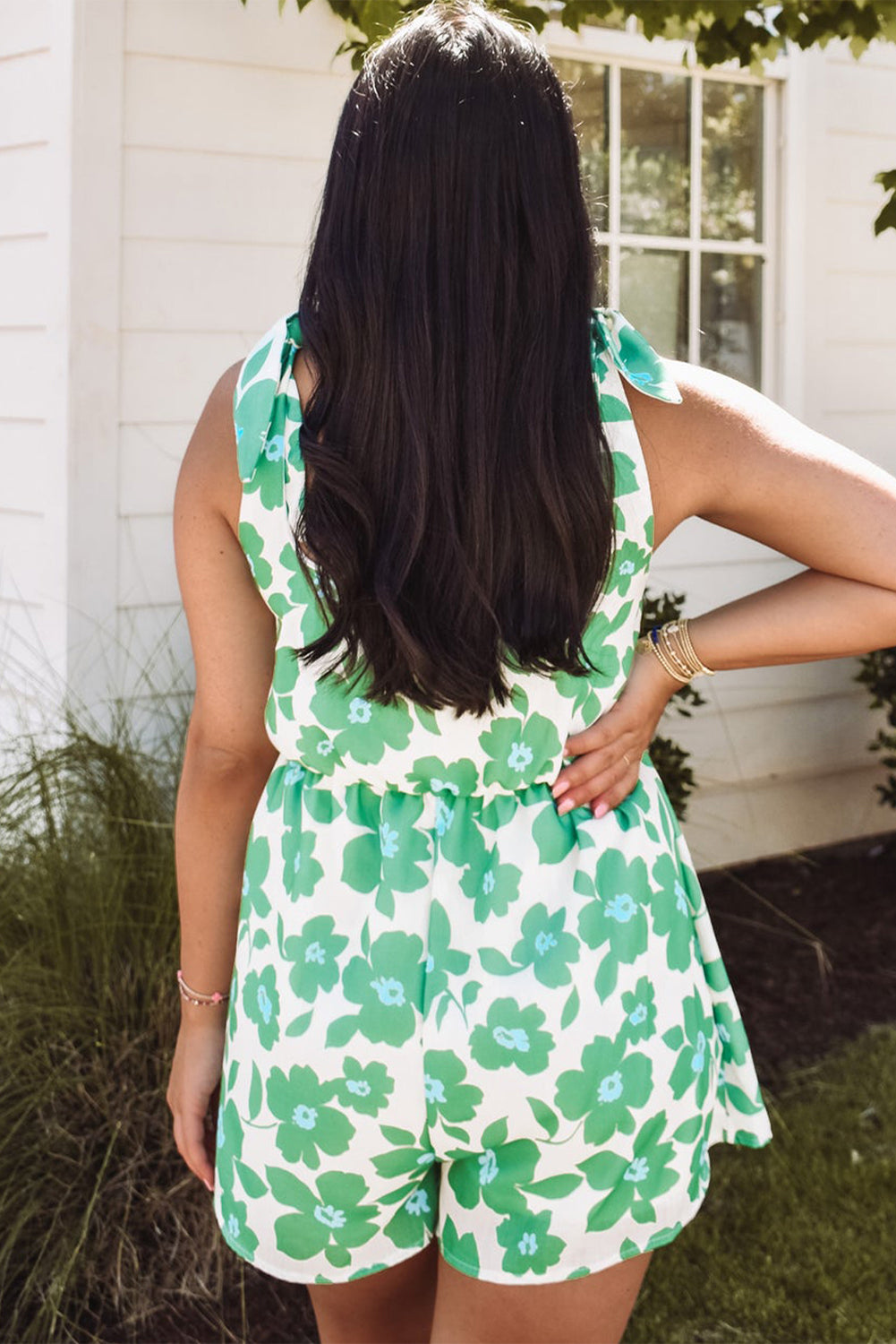 Green Floral Print Knotted Strap Flared Romper