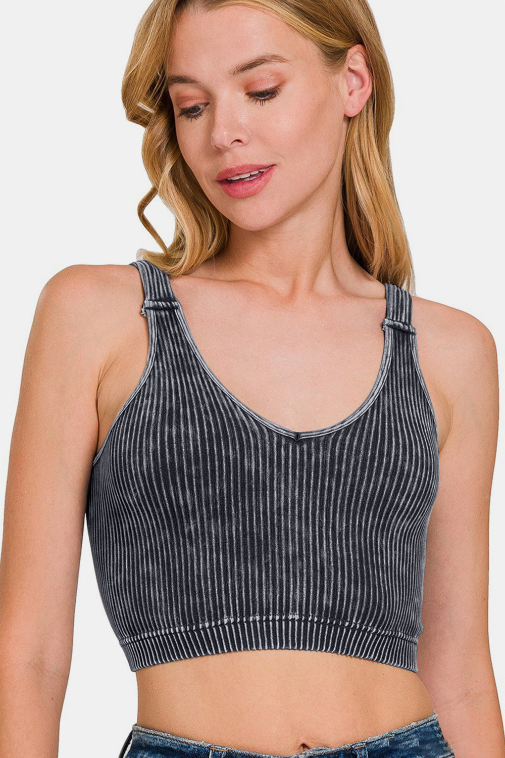 Ash Black Washed Ribbed Cropped V-Neck Tank