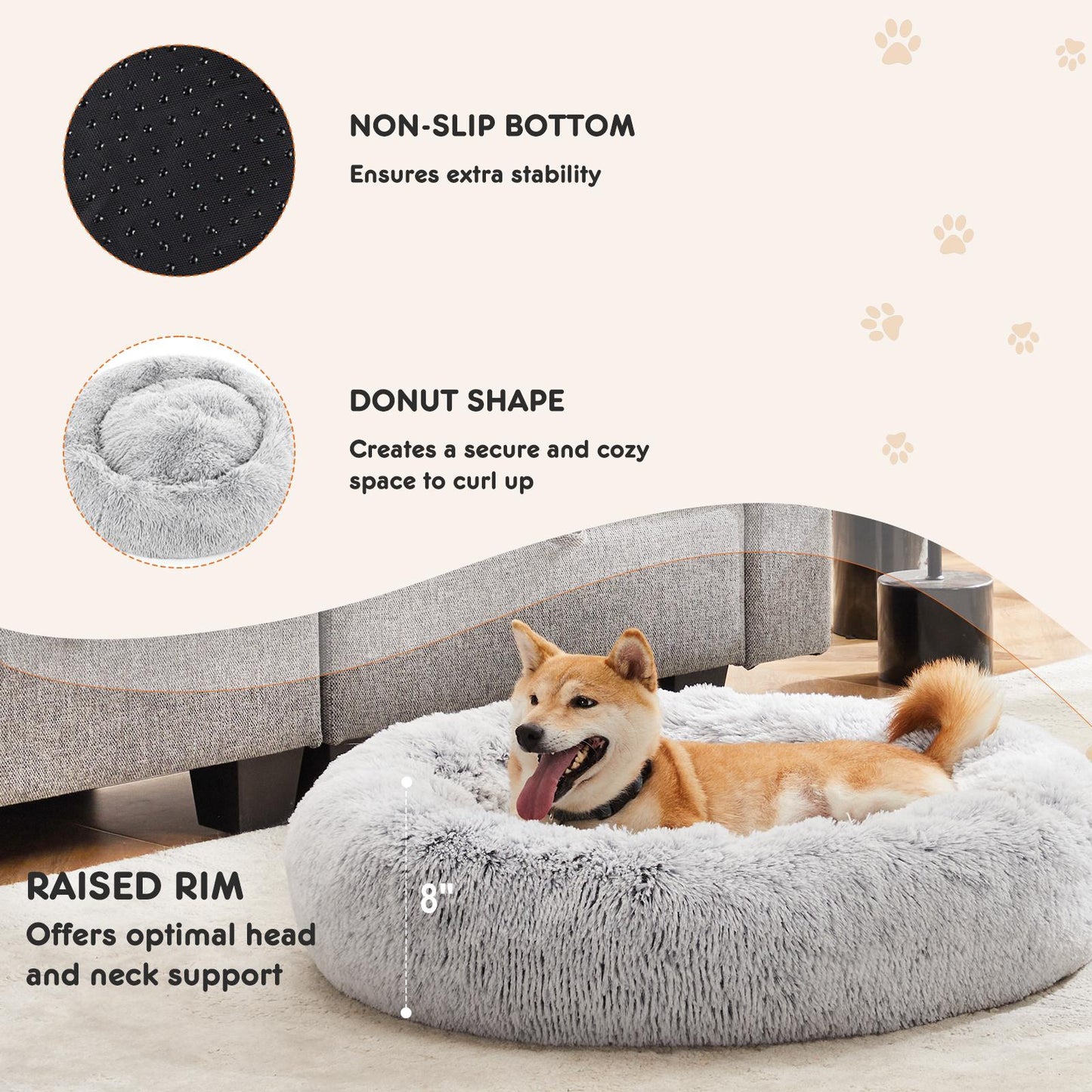 Small Grey Anti-Slip Fluffy Plush Faux Fur Pet Bed