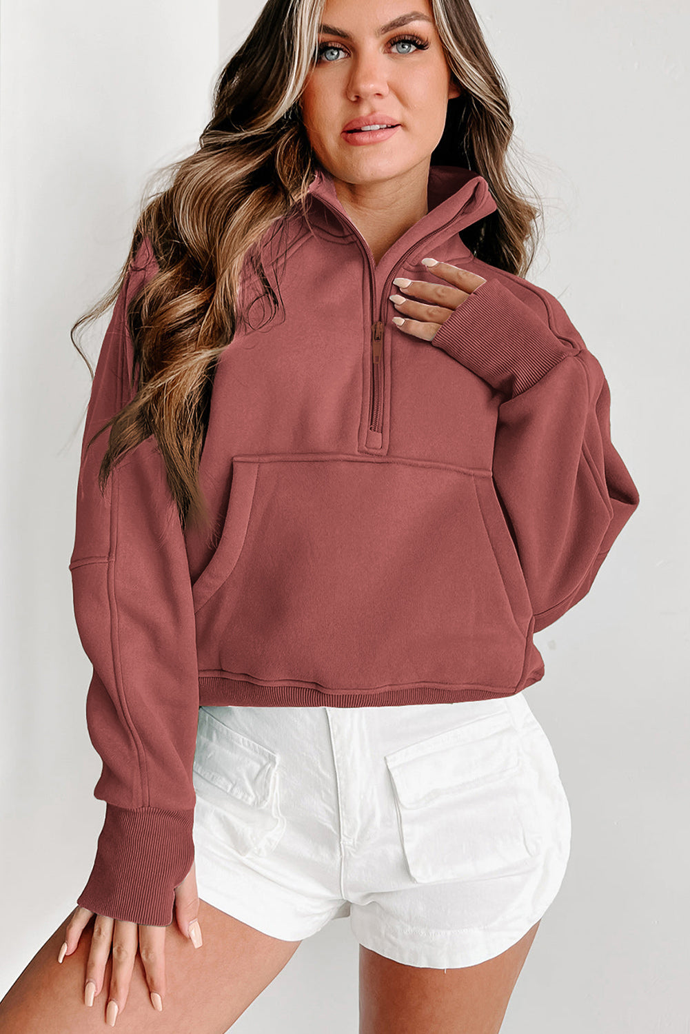 Zip Up Thumbhole Sleeve Sweatshirt