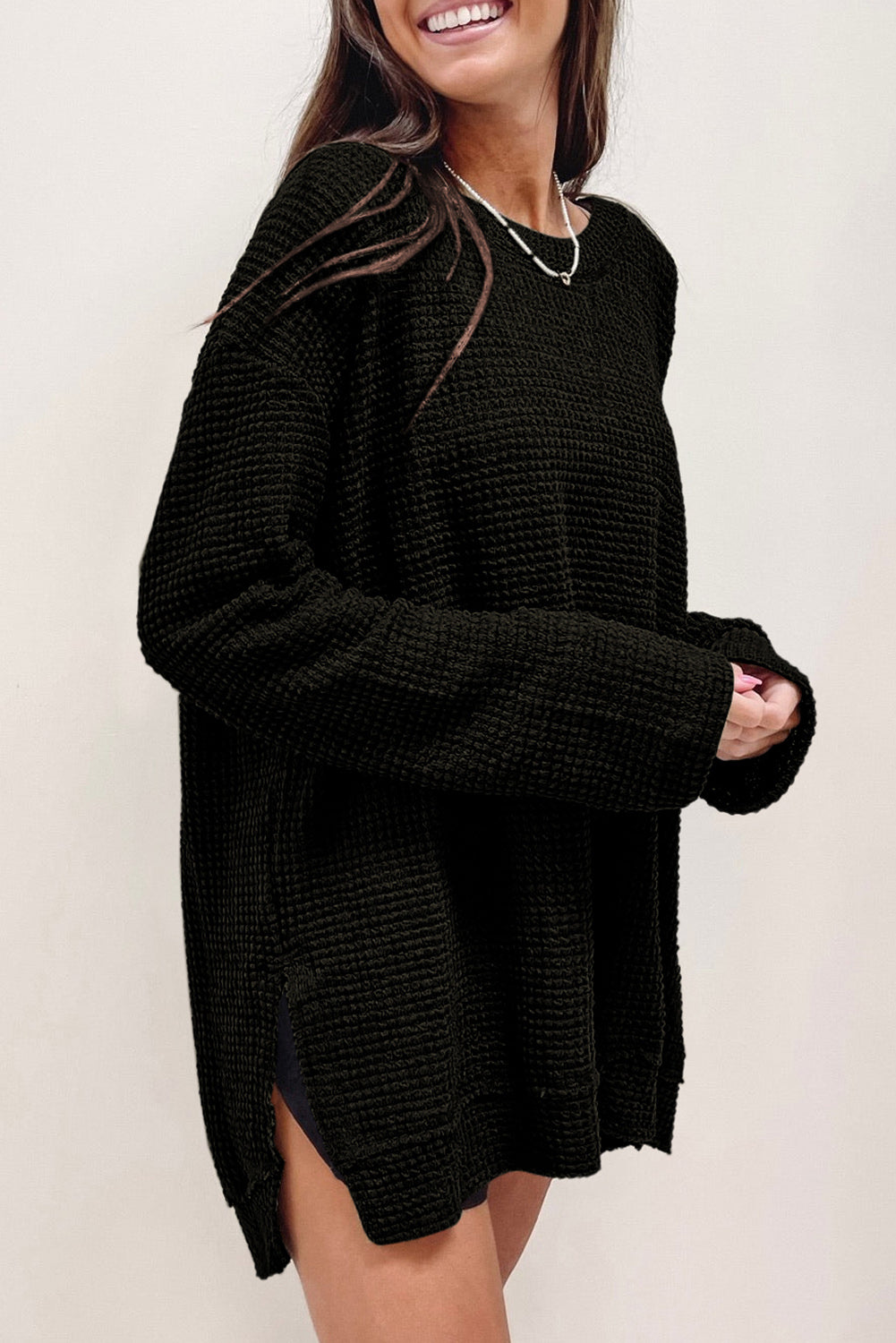 Waffle Knit Drop Sleeve High Slits Oversized Top