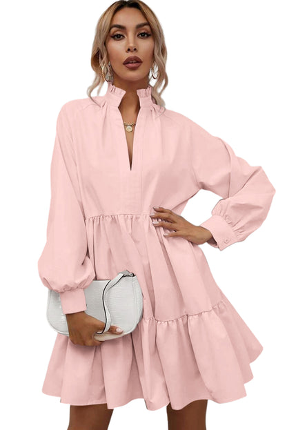 Pink Elegant Stand V Neck Short Frill Dress