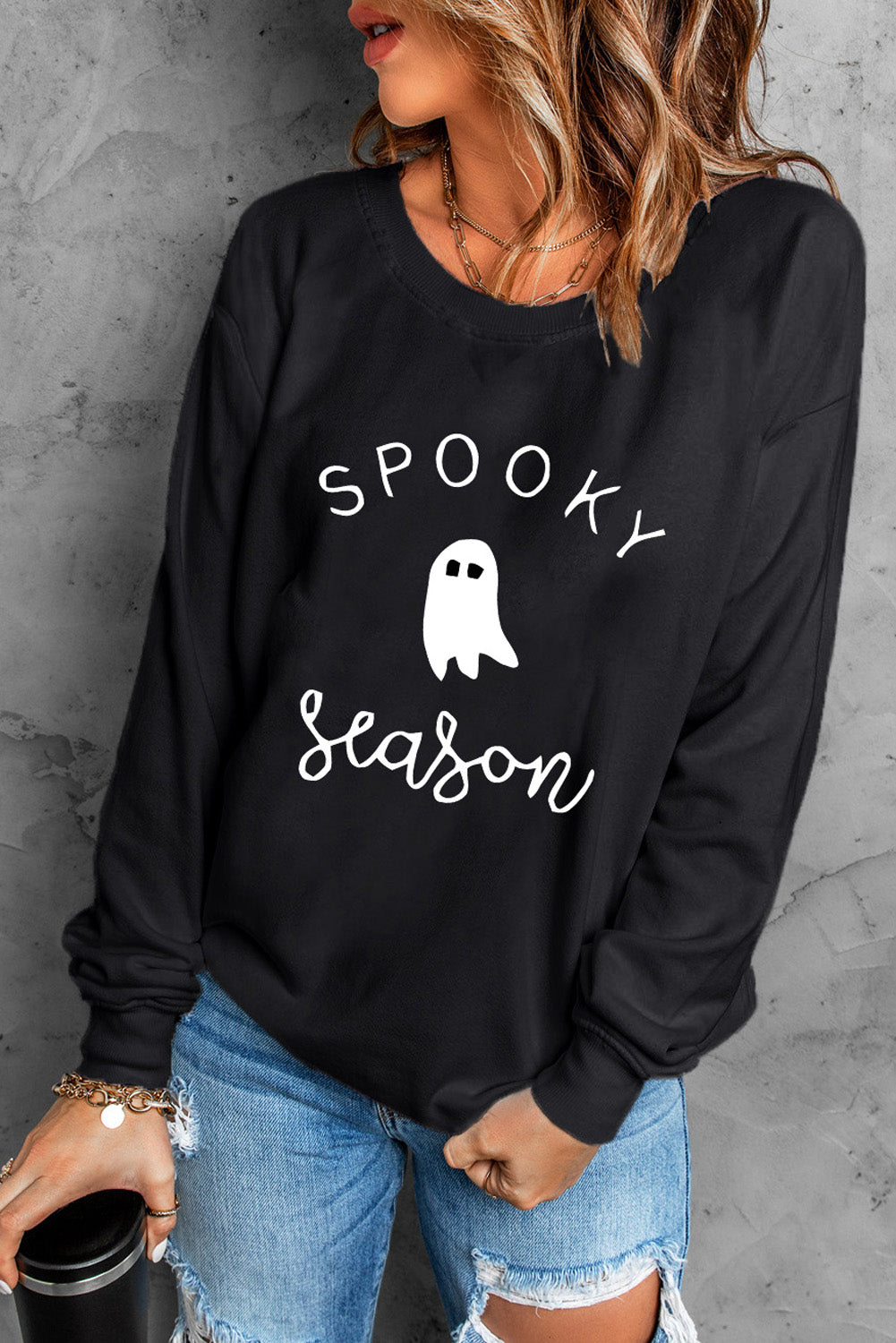 Black SPOOKY Season Ghost Print Graphic Sweatshirt