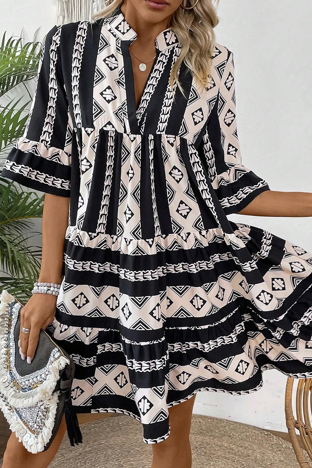 Black Abstract V Neck Boho Dress