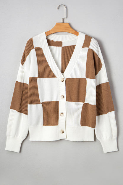 Khaki Checkered Pattern Button V Neck Ribbed Knit Cardigan