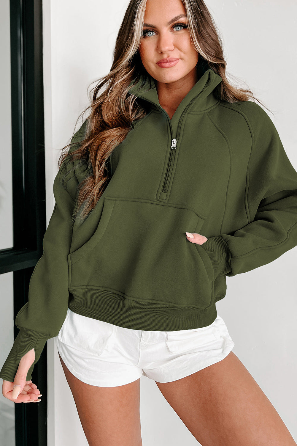 Zip Up Thumbhole Sleeve Sweatshirt