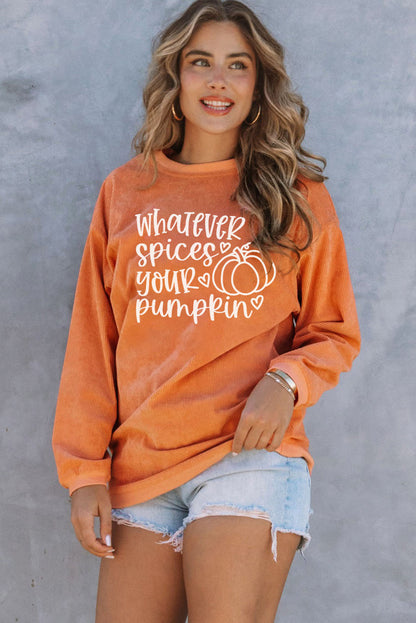 Orange Pumpkin Letter Print Oversized Crinkle Rib Sweatshirt