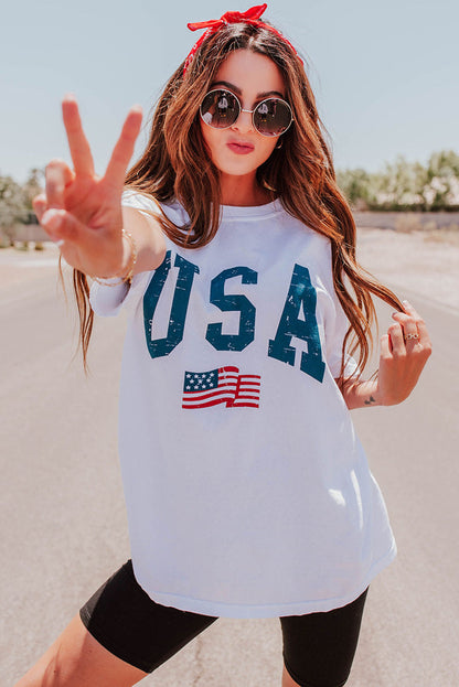 White USA Flag Patriotic Graphic Crew Neck Tee