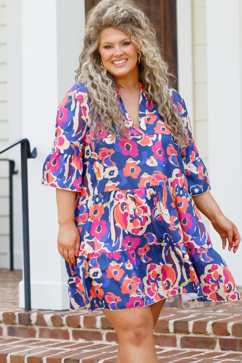 Blue Plus Size Floral Print Bell Sleeve Mini Dress