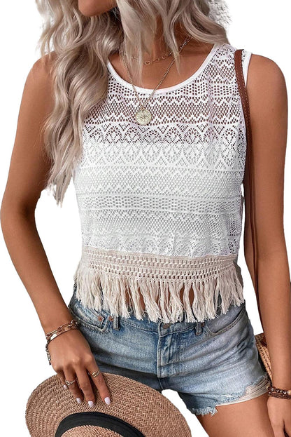 White Fringe Hem Lace Cropped Tank Top