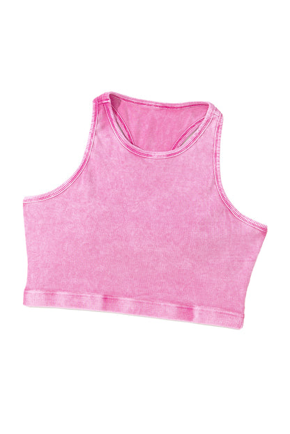 Camiseta sin mangas corta con espalda cruzada y lavado mineral de canalé rosa