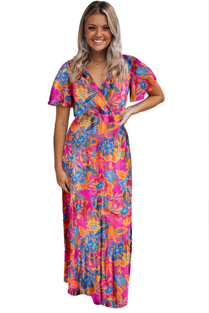 Rose Boho Abstract Print Wrap V Neck Short Sleeve Maxi Dress