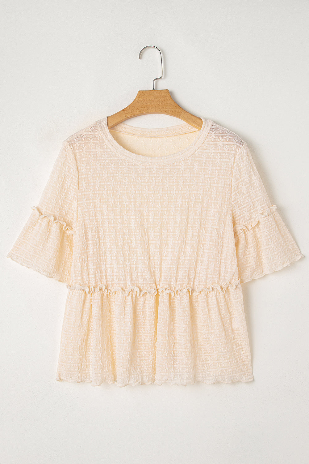 Beige Solid Color Lace Textured Ruffle Blouse