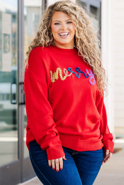 Fiery Red Tinsel merry Pattern Christmas Plus Size Sweater