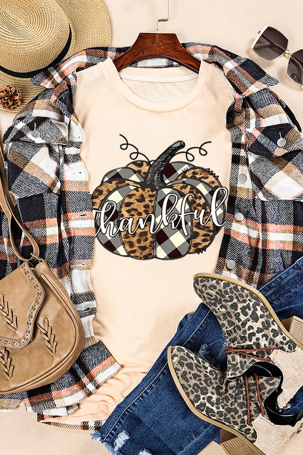 Khaki Thankful Letter Print Pumpkin Graphic Tee