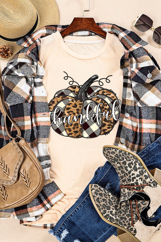 Khaki Thankful Letter Print Pumpkin Graphic Tee