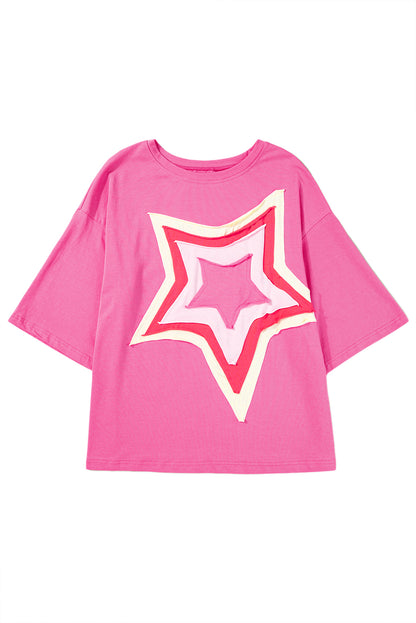 White Colorblock Star Patched Half Sleeve Oversized Tee