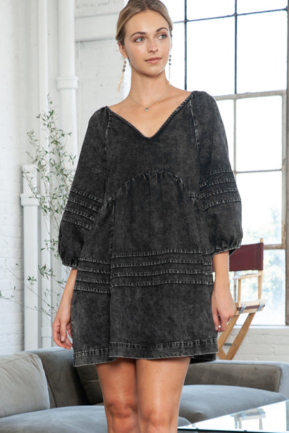 Black Dark Wash Empire Waist V Neck Denim Dress