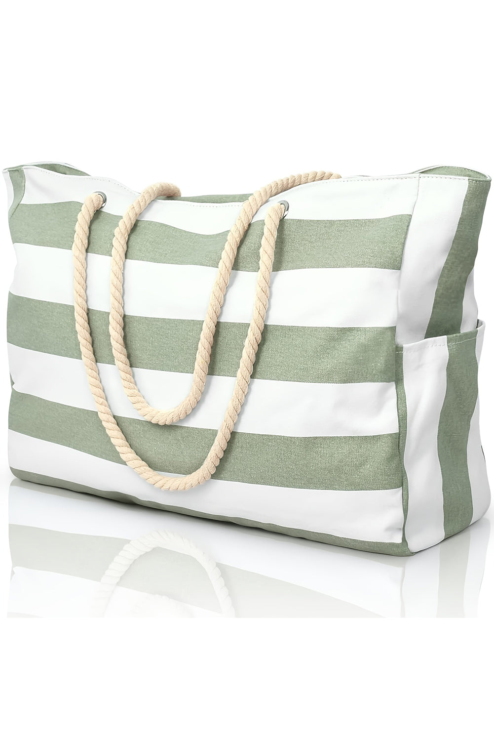 Grass Green Striped Rope Handle Canvas Large Tote Bag