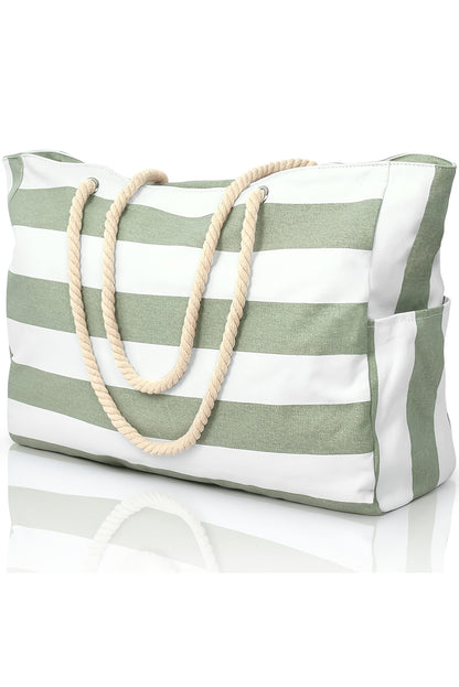 Bolso Tote Grande De Lona Con Asa De Cuerda A Rayas Verde Hierba