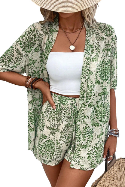 Green Floral Open Front Shirt and Drawstring Shorts Set