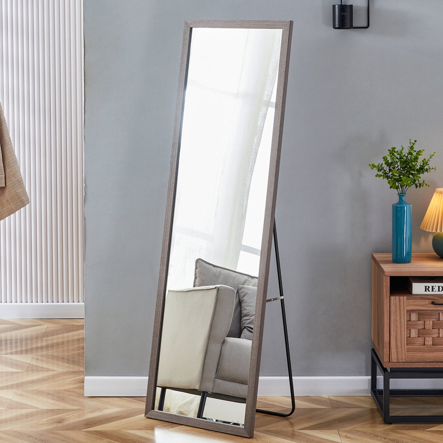 Gray Solid Wood Frame Full-Length Mirror