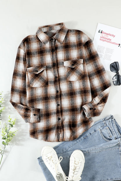 Button Up Collared Flannel Shirt Shacket with Flap Pockets